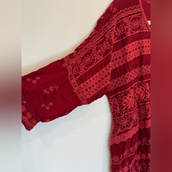 Johnny Was red wine burgundy Oxblood lace embroidered tunic top blouse. - Picture 4 of 6